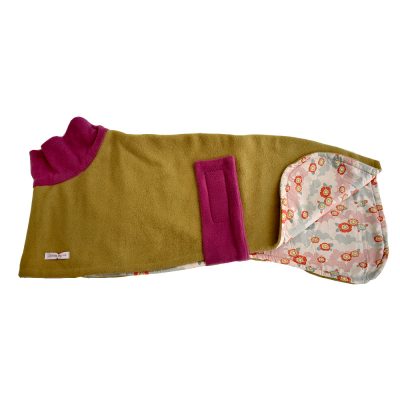 Coat – “Jackie and Sparkie” range – Snoozy Woolly Coat in Mustard & Pink – medium